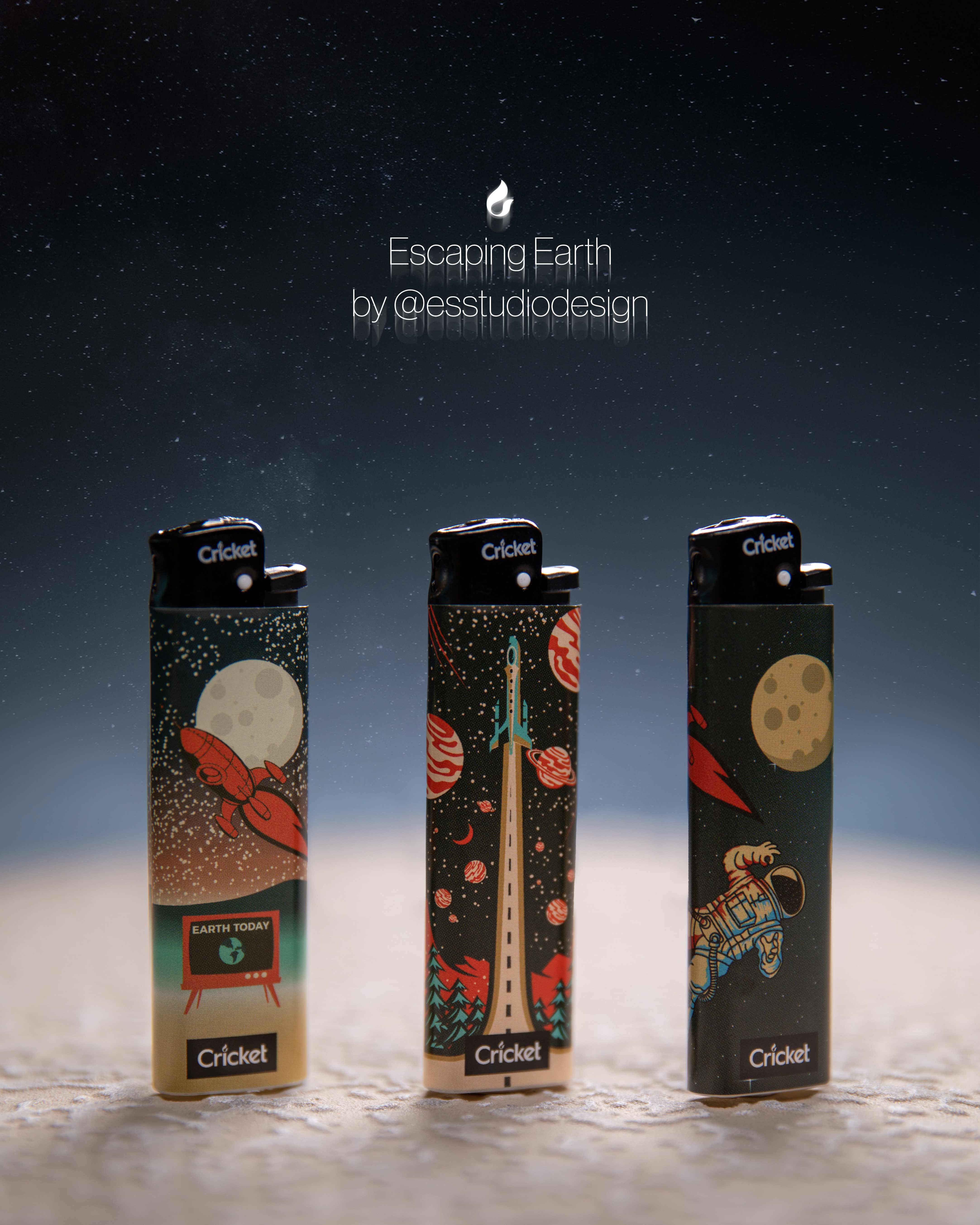 A standard lighter painted with the moon, the rocket, and the astronut 