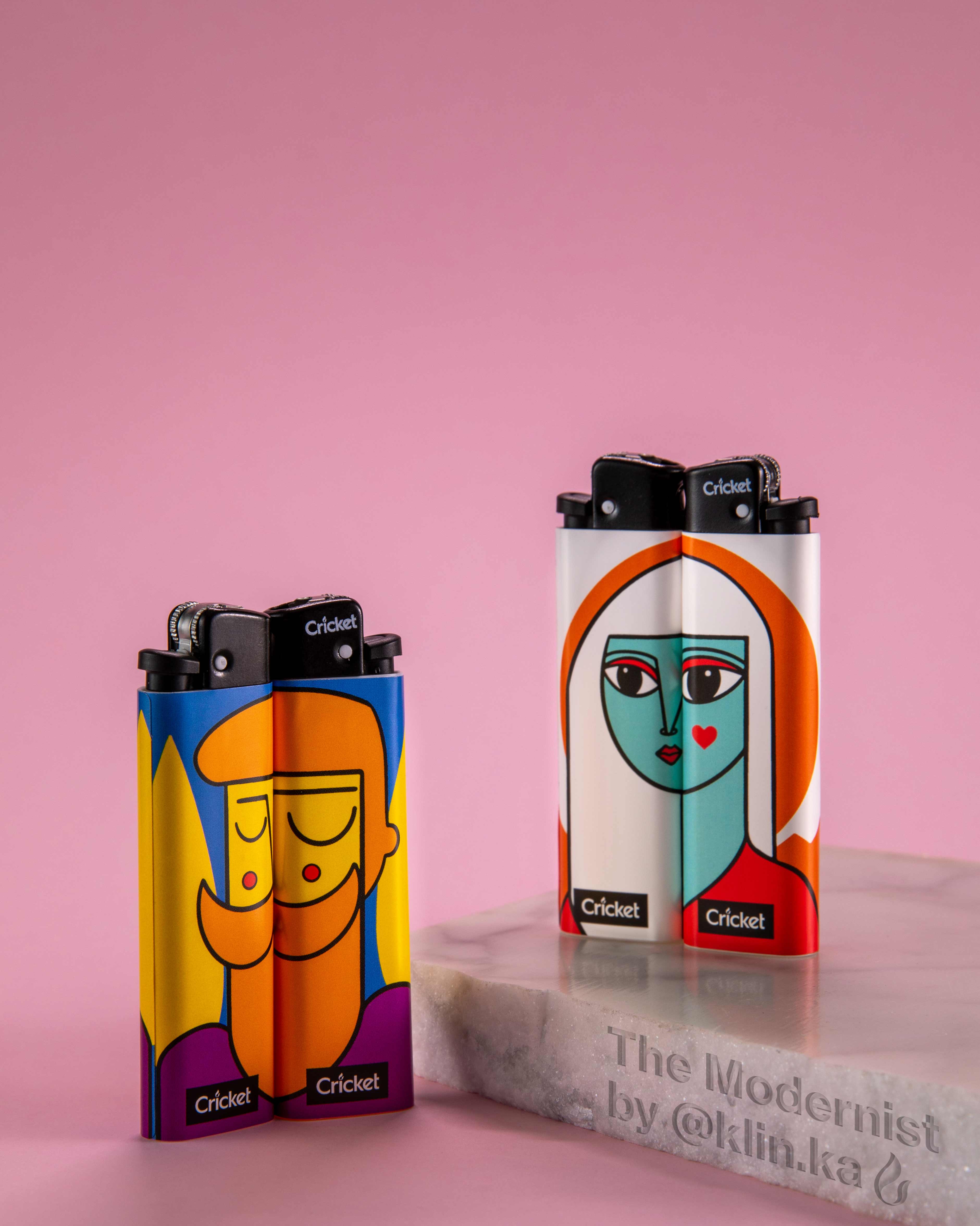 A standard lighter wih a saturated color portrait of a beard man and a standard lighter with saturated color potrait of a girl