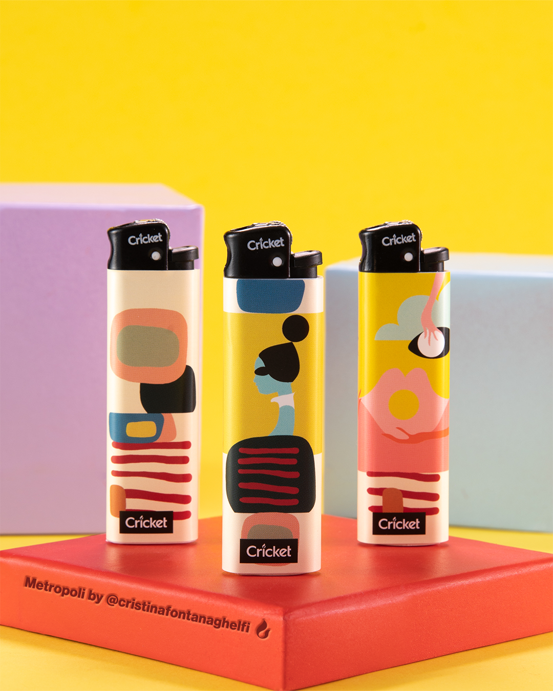 A standard lighter with three strong colors that resemble modern art