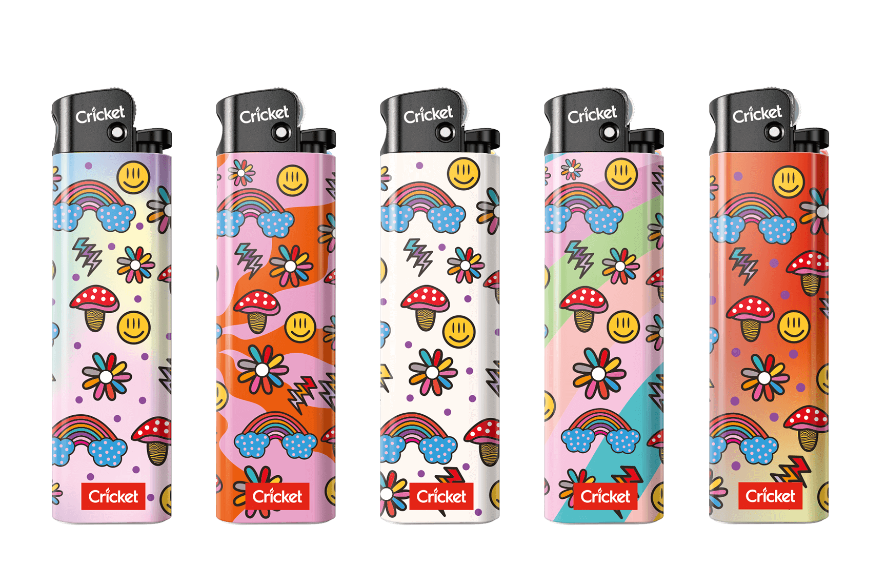 The rave-themed lighter collection ignities playful energy. It features a cast of smiling mushrooms and joyful elements ready to party.