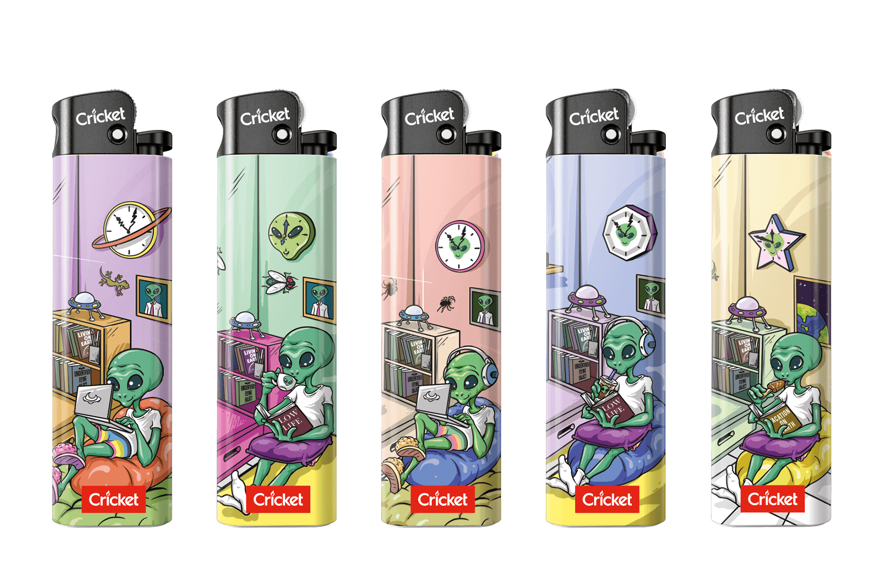 The Alien-themed lighter collection plyfully depicts a life of aliens. Light up with laughter and spark your imagination with these quirky designs.