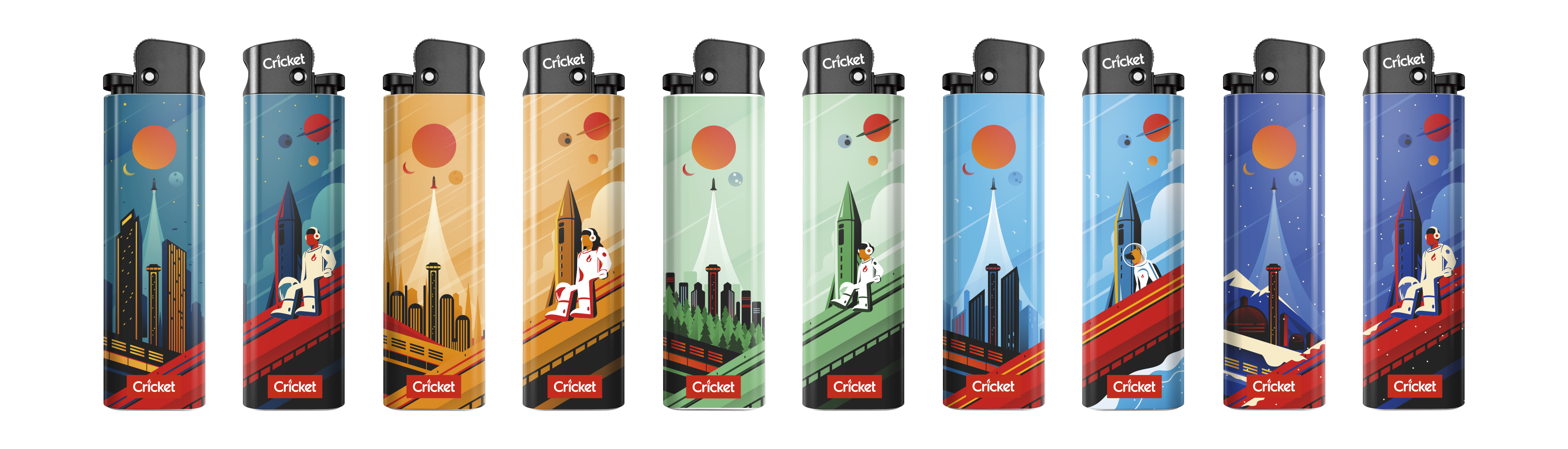 A collection of five lighters featuring seated astronuts under the future modern city 