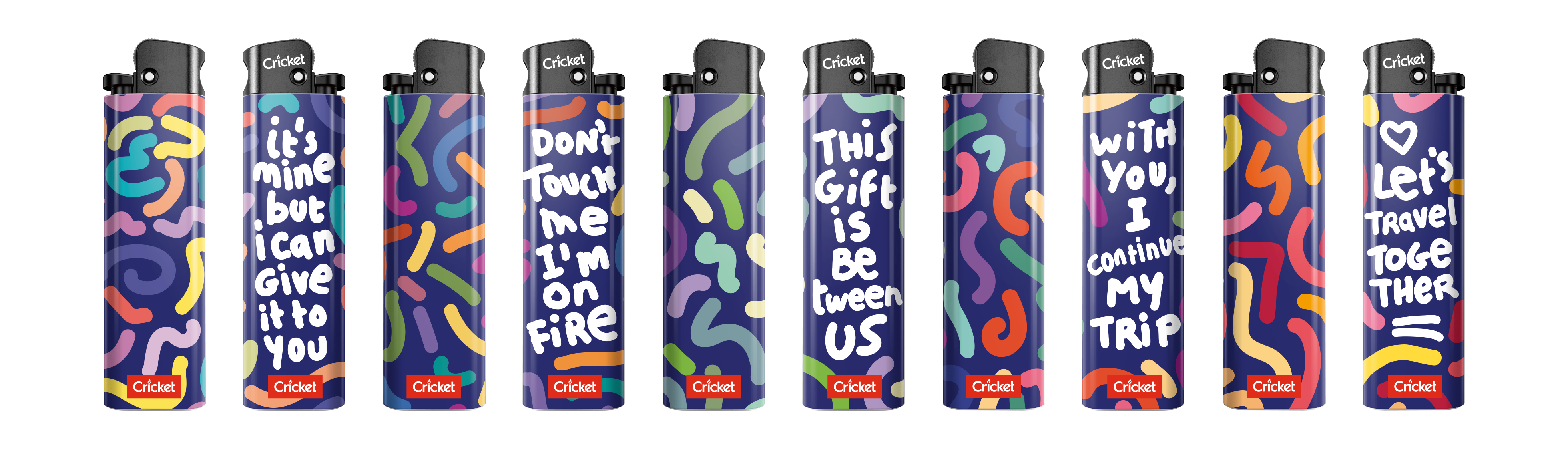 A collection of lighters with front side of colorful hand-drawn patterns and back side of funny and meaningful conversations associated with gifts