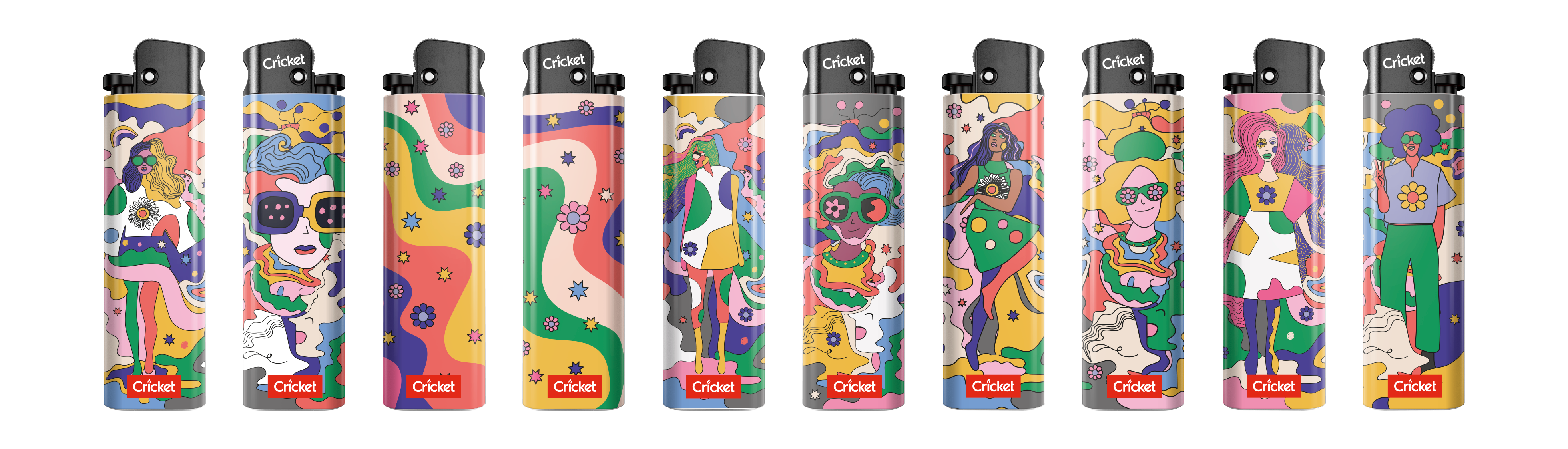 A collection of 5 lighters showing colorful people that has costume or outfits of 1960s.