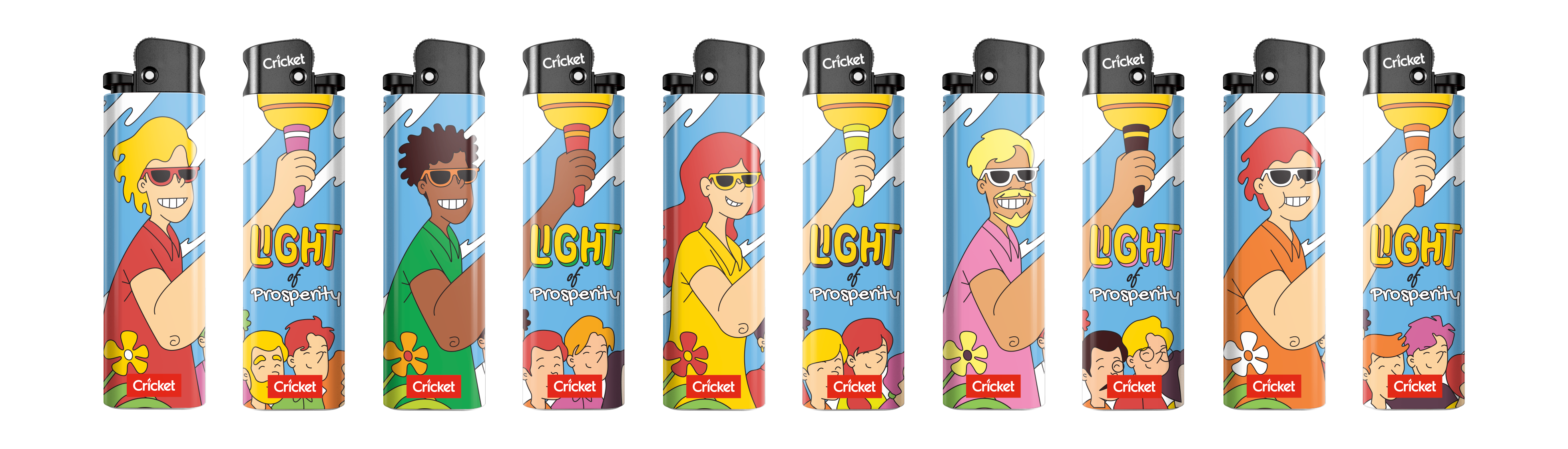 A collection of lighters with different smiling person holding the torches