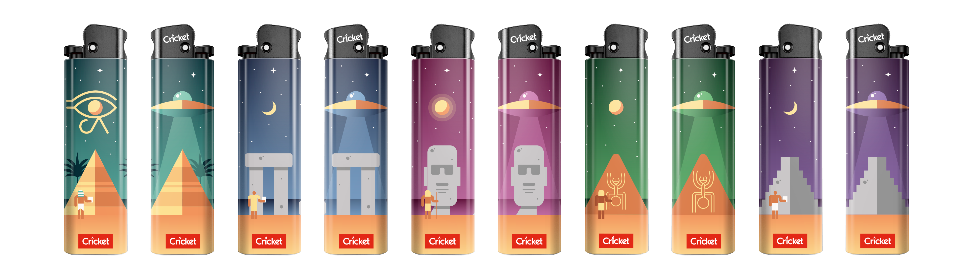 A collection of lighters with front side showing mysterious UFO with world wonders and back side of ancient citizen with wonders