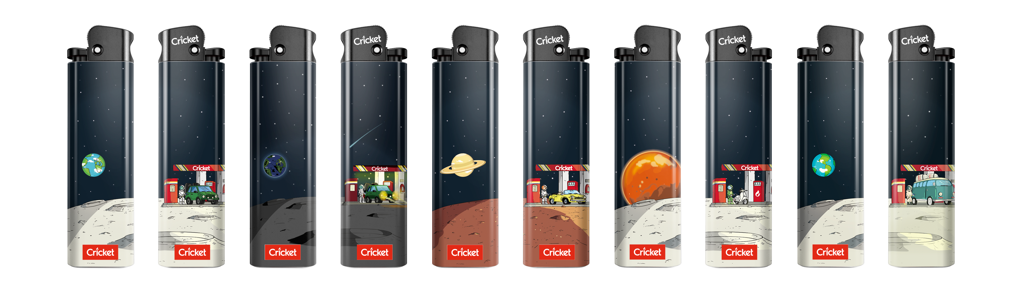 A collection of lighters featuring parking at fueling station that is located on different planets in the unierse