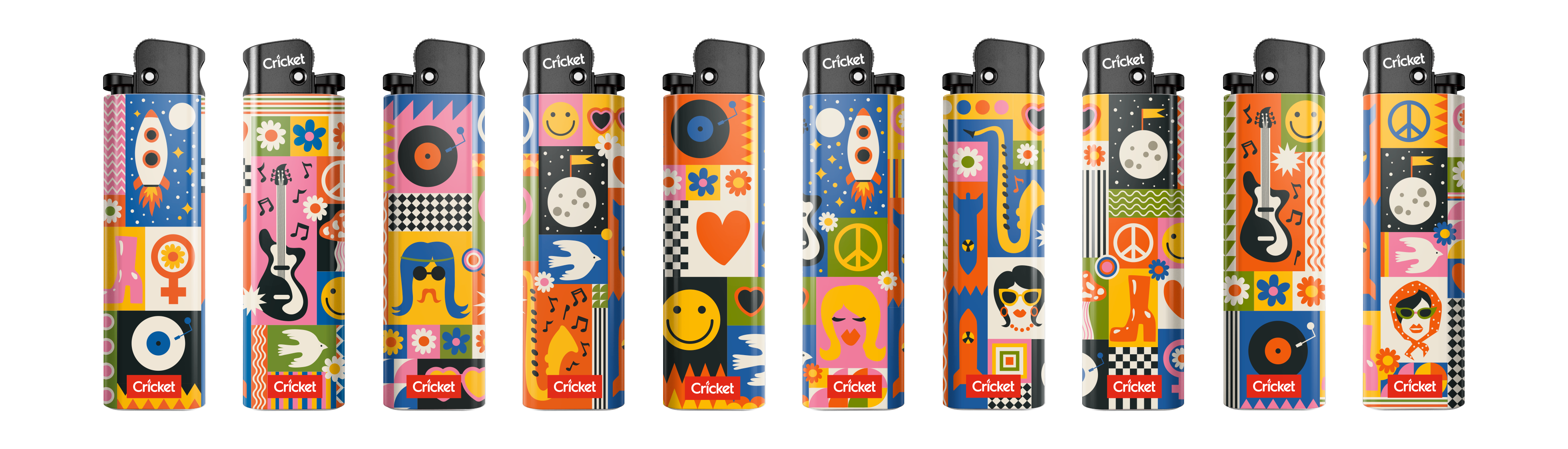 A collection of five lighters that feature various elements associated with 1960s