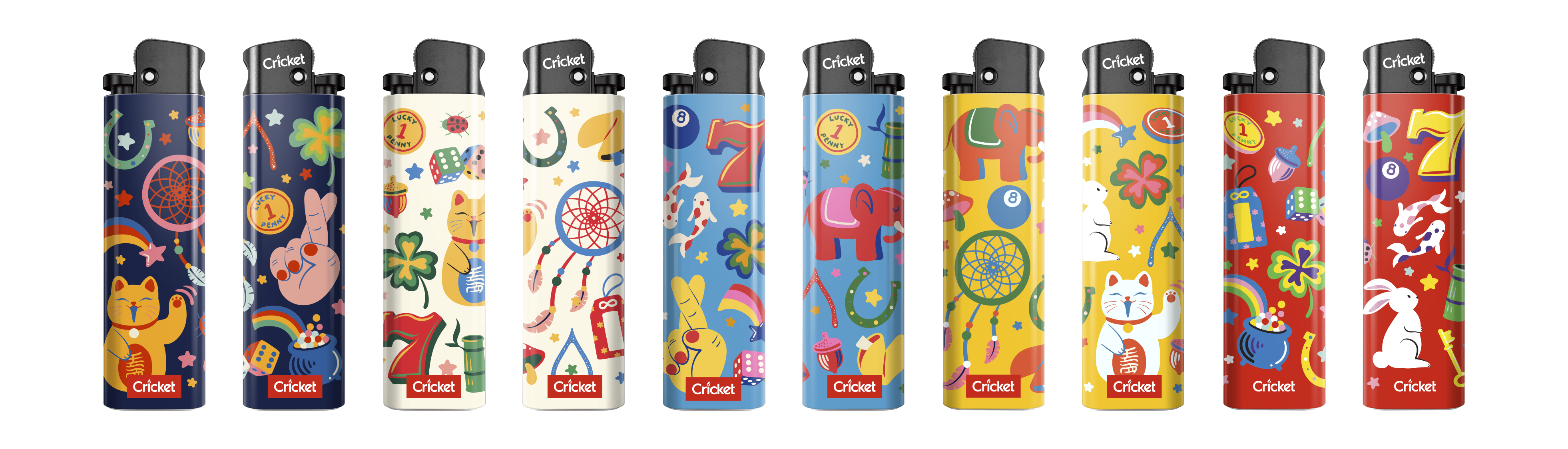 A collection five lighters showing different signs that represent prosperity and happiness in a colorful touch